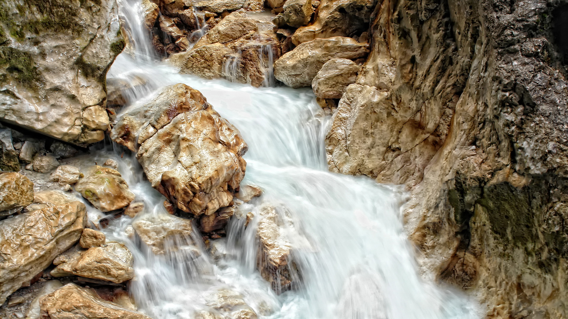 Free Download Natural Scenery Picture - The Waterfall in Rapid Flow, Yellow Stones Brushed Clean 1920X1080 free wallpaper download