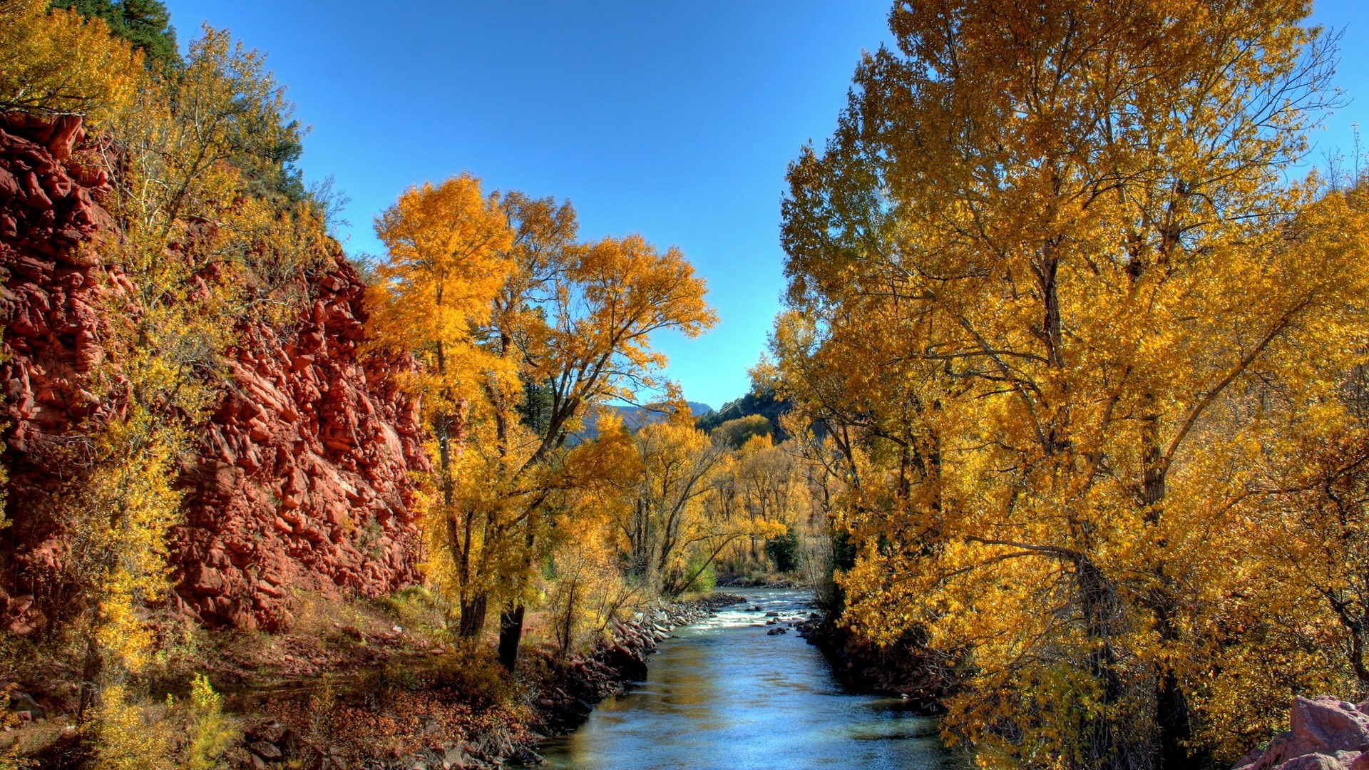 sceneries pictures - The Yellow Trees and Blue River, Red and Tough Hills, What a Natural Scene! 1920X1080 free wallpaper download