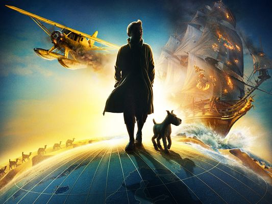 click to free download the wallpaper--2011 The Adventures of Tintin in 2560x1920 Pixel, Man Assigned with Some Task, Walking with His Puppy - TV & Movies Wallpaper
