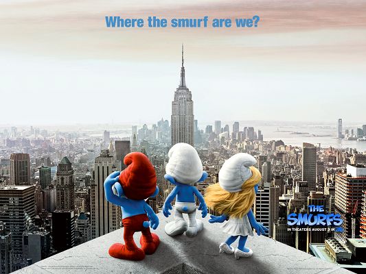 click to free download the wallpaper--2011 The Smurfs Movie Post in 1600x1200 Pixel, the Guys Are Cute and Innocent, Shall Bring Lots of Memories - TV & Movies Post