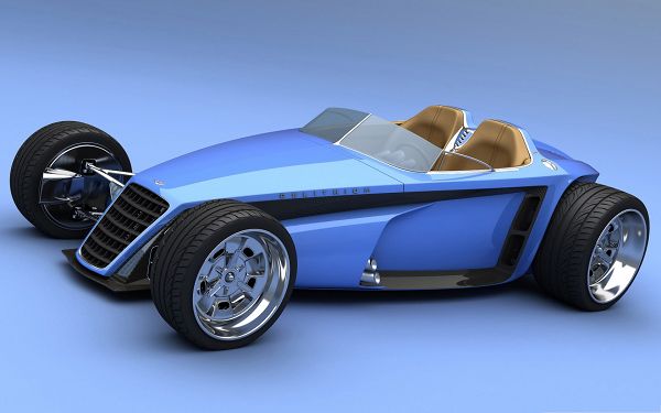 click to free download the wallpaper--3D Cars Wallpaper, Blue Car with Four Big Wheels, Can It be Driven?