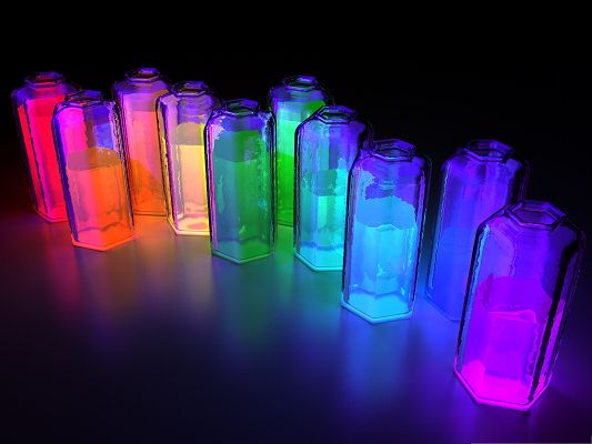 click to free download the wallpaper--3D Computer Background, Colorful Bottles on Dark Background, Add Color to Your Device