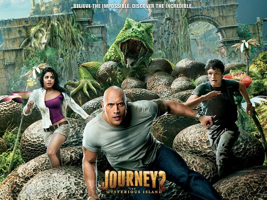 click to free download the wallpaper--3D Movie Posters, Journey 2 Cast, a Green Monster Right Behind, Be Faster