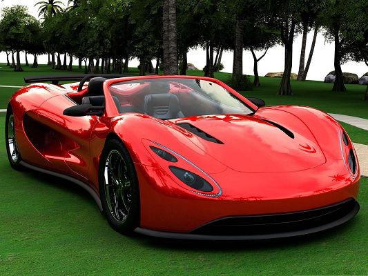 click to free download the wallpaper--3D Red Car Wallpaper, Red Supercar Among Great Nature Scene, Greatly Attractive