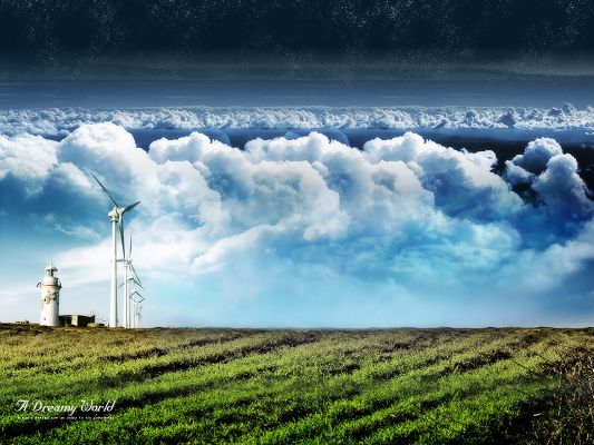 click to free download the wallpaper--3D Scenery Post, Green Grass, a Line of Windmills Under the Cloudy Sky, Impressive in Look