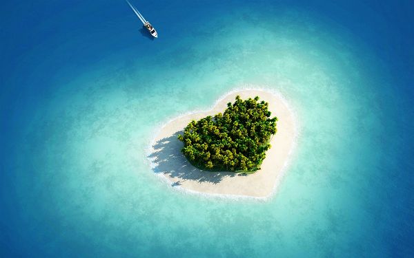 click to free download the wallpaper--A Man-Made Beach, Trees and Lights All in Heart Shape, Must be Great to Look at - HD Natural Scenery Wallpaper