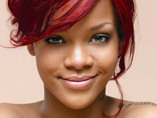 click to free download the wallpaper--Actress Pictures Hot, Rihanna in Red Hair, Smiling Beauty
