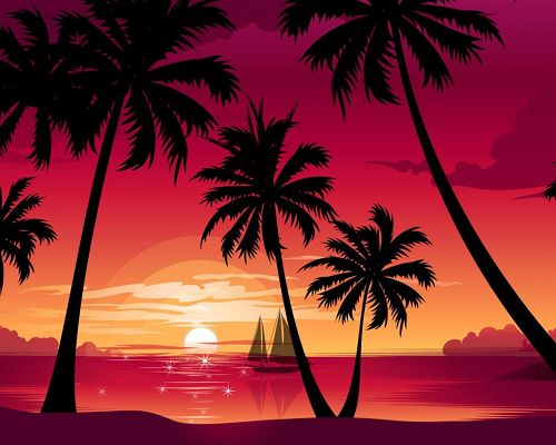 click to free download the wallpaper--Amazing Landscape of Nature, Palm Trees Under the Purple Sky, Romantic and Lovely Scene