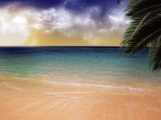 click to free download the wallpaper--Amazing Landscape of the Sea, Ripples Hitting the Beach Repeatedly, the Blue Sky