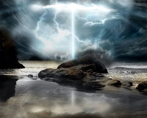 Amazing Nature Landscape, Big Rocks and the Sea, Lightning Breaking Out