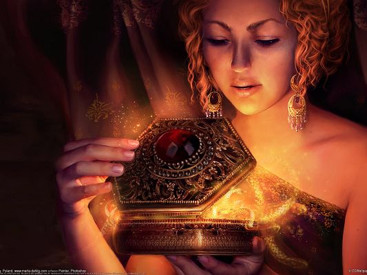 click to free download the wallpaper--Amazing Pic of Beautiful Lady, Pandora Opening the Forbidden Box, Negative Emotions Pouring Out