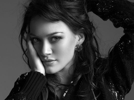click to free download the wallpaper--Amazing TV Show Image, Hilary Duff Brunette, Snowy White Skin, Black Jacket, Perfect Face