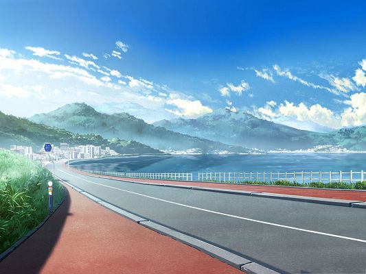 click to free download the wallpaper--Anime Landscape Picture, Clean and Wide Road, the Blue Sky, Great in Look