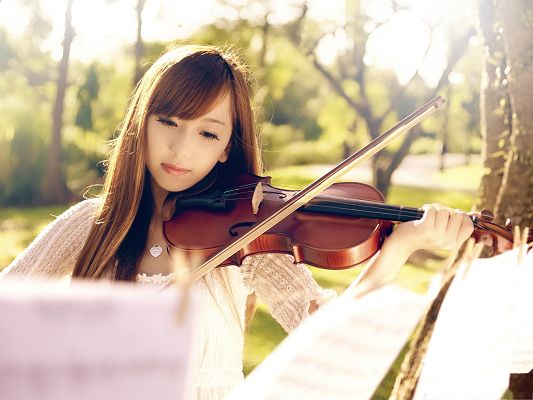 click to free download the wallpaper--Artistic Girls Picture, Girl Playing Violine, She is Clever and Beautiful
