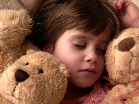 click to free download the wallpaper--Baby Girl Sleeping, Little Girl Surrounded by Teddy Bears, Sleeping Cutie