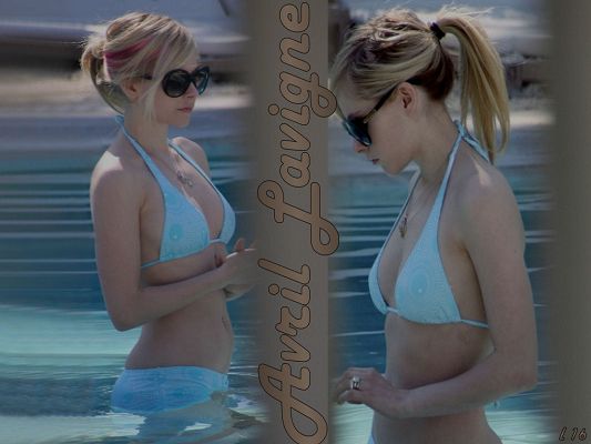 click to free download the wallpaper--Beautiful Actresses Image, Avril Lavigne in Blue Bikini, She is Like a Pure Girl
