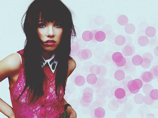 click to free download the wallpaper--Beautiful Carly Rae Jepsen, Decent Lady in Pink Dress, Bubble Background
