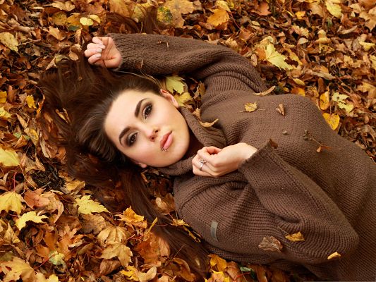 click to free download the wallpaper--Beautiful Girl Outdoor, Nice Girl Lying on Brown Leaves, Autumn Scene