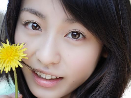 click to free download the wallpaper--Beautiful Girl Pic, Shy Smile and Long Black Hair, Blooming Yellow Flower 