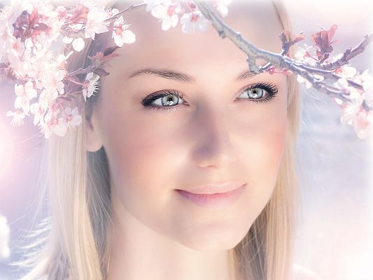 click to free download the wallpaper--Beautiful Girls Portrait, Nice-Looking Girl Smelling Spring Flowers, Like Goddess