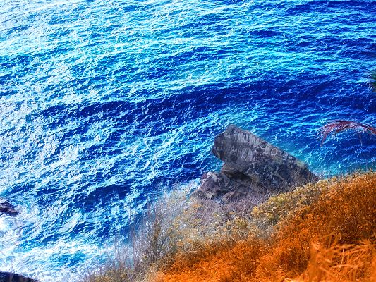 click to free download the wallpaper--Beautiful Image of Nature Landscape, the Blue Twisting Sea, Brown Grass on the Side
