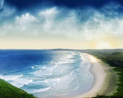 click to free download the wallpaper--Beautiful Landscape of Nature, Panoramic View of the Beach, the Blue Sky Above