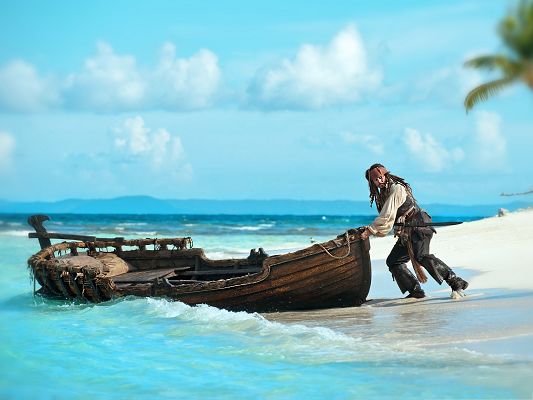 click to free download the wallpaper--Best Films Poster, Pirates Of The Caribbean, Johnny Depp Pushing a Boat, Great Nature Landscape