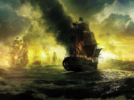 click to free download the wallpaper--Best Movies Wallpaper, Pirates Of The Caribbean, Smoking and Firing Boat on the Sea