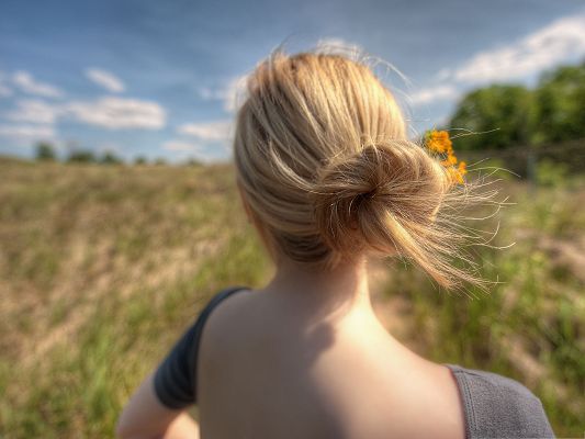 click to free download the wallpaper--Blond Girl Picture, Beautiful Girl Turning Her Back, Yellow Flower in the Hair