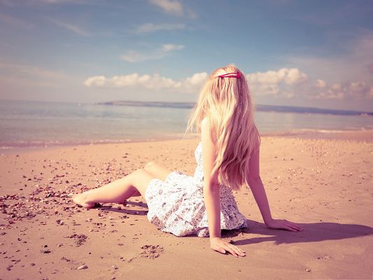 click to free download the wallpaper--Blonde Girl Photography, Beautiful Girl in Short White Dress, Happy Summer Time