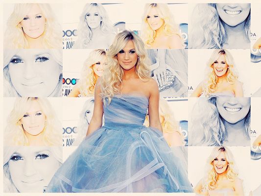 click to free download the wallpaper--Carrie Underwood Background, in Blue Long Dress, Various Smiling Faces Behind Her