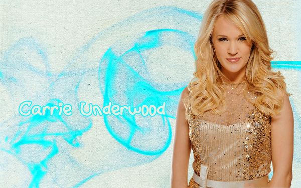click to free download the wallpaper--Carrie Underwood Posts, in Golden Bright Dress and Blond Hair, the Beautiful Lady