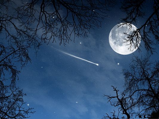 click to free download the wallpaper--Computer Wallpapers Free, Shooting Star, the Bright Moon in the Beautiful Sky
