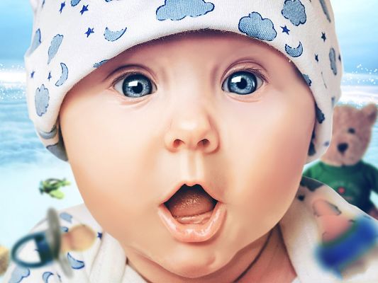 click to free download the wallpaper--Cute Baby Photography, Blue Wide Open Eyes and Surprised Facial Expression