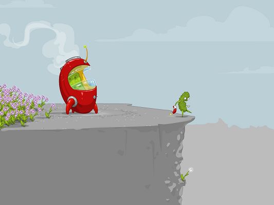 click to free download the wallpaper--Cute Cartoon Images, a Green Pickle Walking to the Cliff, a White and Shinning Flower