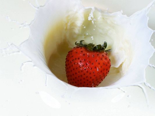 click to free download the wallpaper--Cute Fruits Image, Strawberry Jumping into Cream, Water Splash