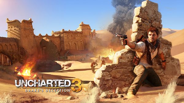 click to free download the wallpaper--Drake in Uncharted 3 Post in 3600x2025 Pixel, a Man in Desert and Dangerous Situation, He Has to Mind His Safety, a Fit for Various Devices - TV & Movies Post