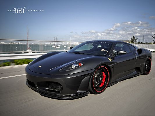 click to free download the wallpaper--Ferrari Sport Car Wallpaper, Black Super Car in Full Speed, Compose Great Scenery