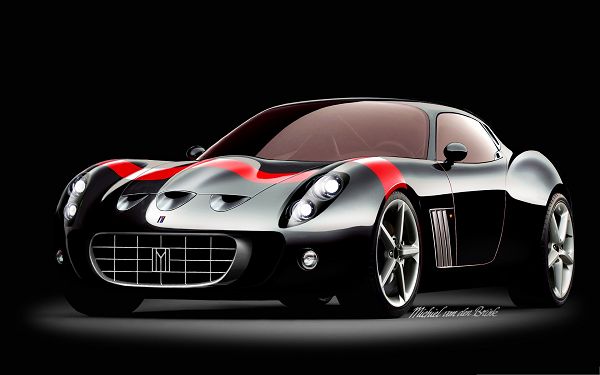 click to free download the wallpaper--Ferrari Sport Car Wallpaper, Black Super Car in Stop, Dusk Background
