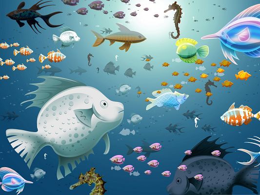 click to free download the wallpaper--Free Animals Wallpaper, Numerous Fishes in the Sea, Enjoy Free Swim in the Deep Ocean