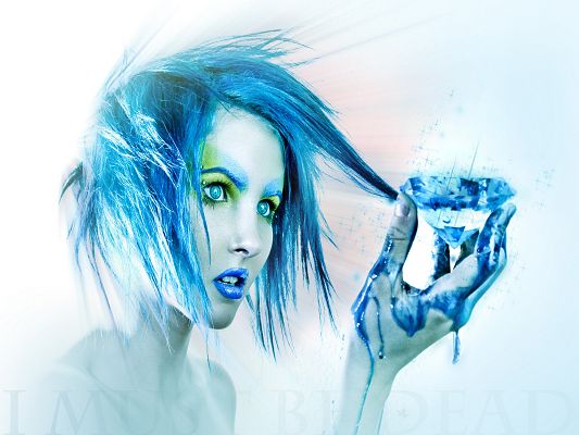 click to free download the wallpaper--Free Artistic Wallpaper, a Girl in All Blue, Hair, Eyes and Lips, Blue Diamond, is Very Impressive