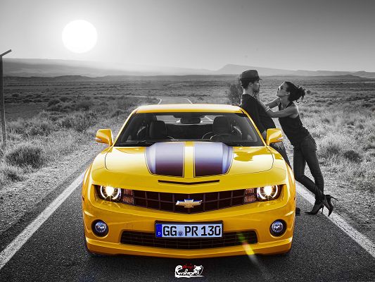 click to free download the wallpaper--Free Cars Wallpaper, Kiss On Yellow Camaro, Happy Outdoor