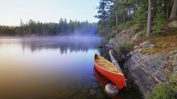 click to free download the wallpaper--Free Download Natural Scenery Picture - A Red Boat by the Side of Clear River, All Plants Shadowed, Great in Look