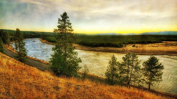 click to free download the wallpaper--Free Download Natural Scenery Picture - A Wide River Flowing by, Green Trees and Grass Alongside, Looking Good Together