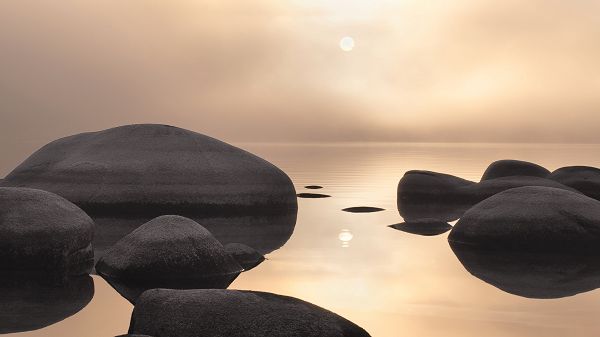click to free download the wallpaper--Free Download Natural Scenery Picture - The Moon in Middle Sky, Reflected in the Light Pink Sea, Big Black Stones