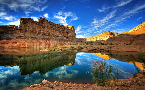 click to free download the wallpaper--Free Download Natural Scenery Wallpaper of Canyon Reflections, Hills Are Wholly Shadowing in the Clear Blue Sea, Very Impressive Scene