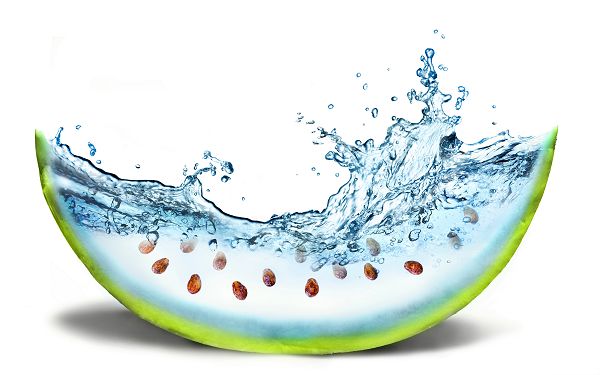 click to free download the wallpaper--Free Fruits Wallpaper, Watermelon Creativity, Water Splash Over Its Surface