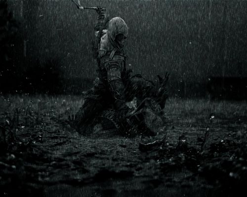 Free Game Pics, Assassins Creed, the Man in His Kneels, a Heavy Rain in the Dark Sky