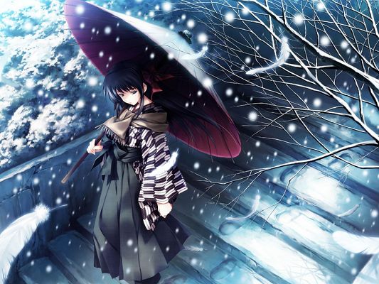click to free download the wallpaper--Free Photos of Anime Girls, a Girl Walking in Snow, Unbrella is White with Snow, She is in No Hurry