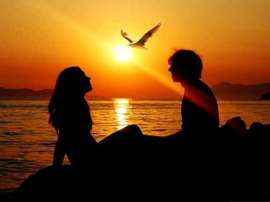 click to free download the wallpaper--Free Romantic Wallpaper, Couple Sitting by Beach, Enjoying the Sunset